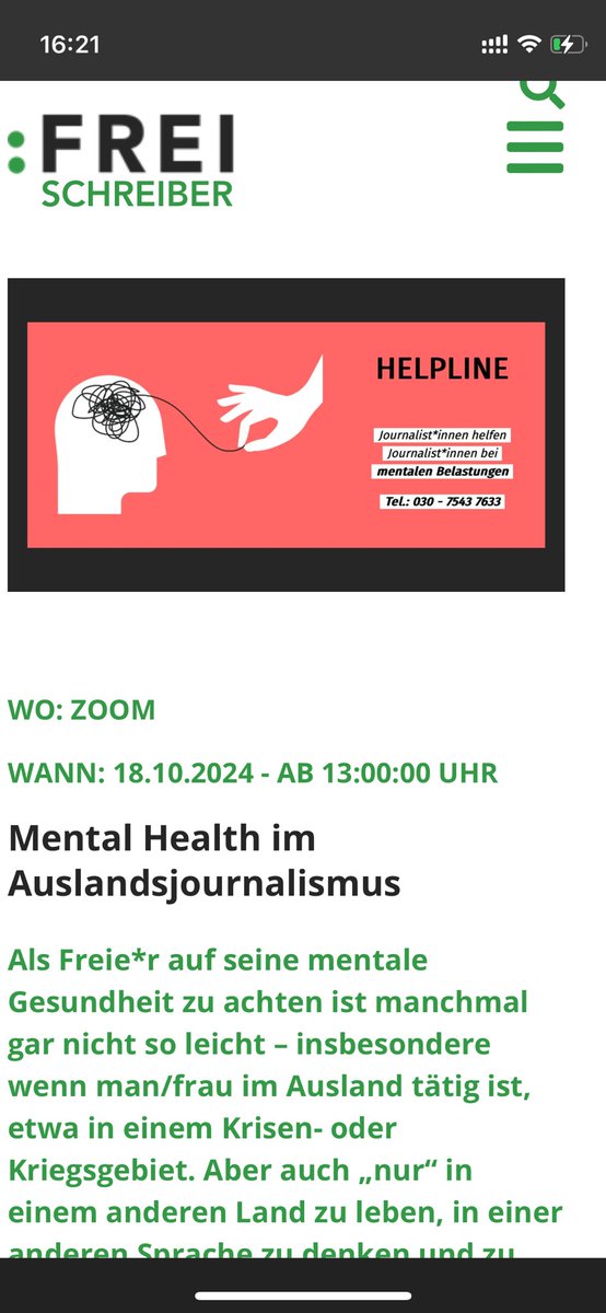 Für unseren Oktober-Stammtisch der Auslandsfreien bei @Freischreiber haben wir einen ganz besonderen Gast von der Helpline. Das Projekt von <a href="/nrecherche/">Netzwerk Recherche</a> ist eine unabhängige und anonyme Telefonberatung für Journalist*innen. Kommt vorbei! freischreiber.de/freischreiber-…