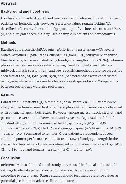 NDTsocial's tweet photo. Reference Values for Handgrip Strength, Five Times Sit-to-stand, and Gait Speed in Patients on Hemodialysis

https://t.co/hKm7OJslBH https://t.co/4NcThNsIrY