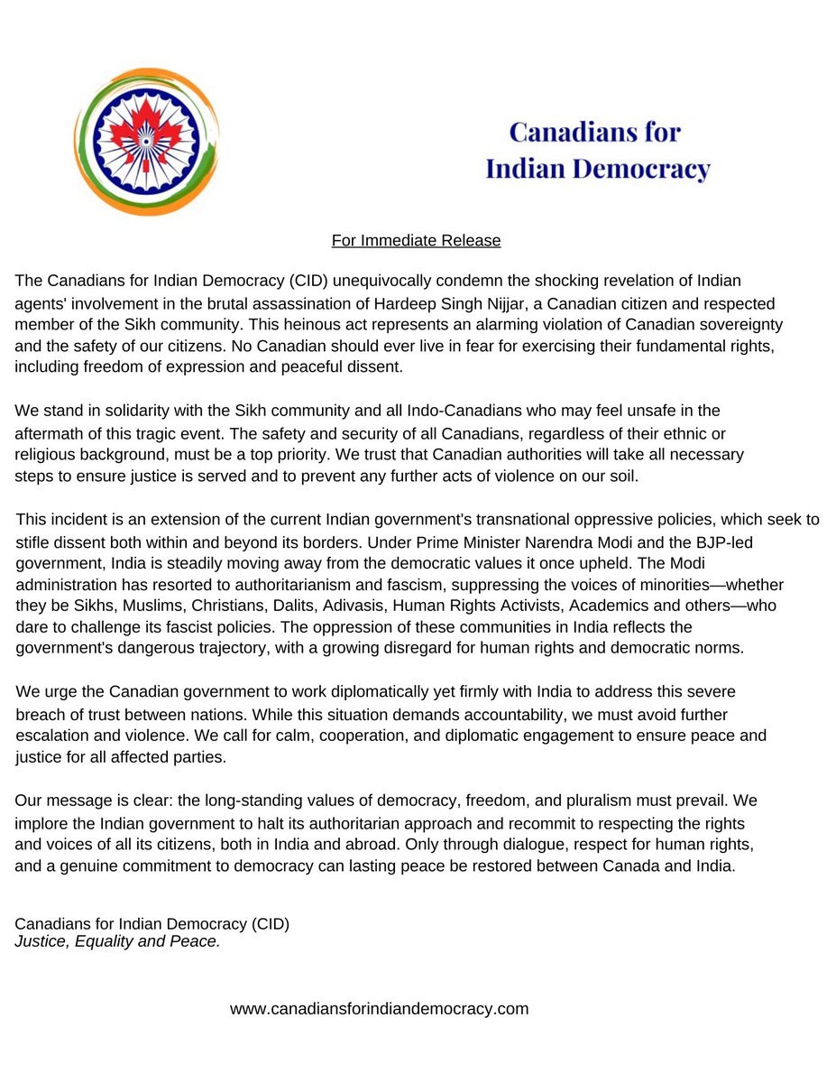 CanIndDem's tweet photo. Statement from Canadians for Indian Democracy (CID) on Recent Developments Involving Hardeep Singh Nijjar's Killing https://t.co/DqQY4y4MoW