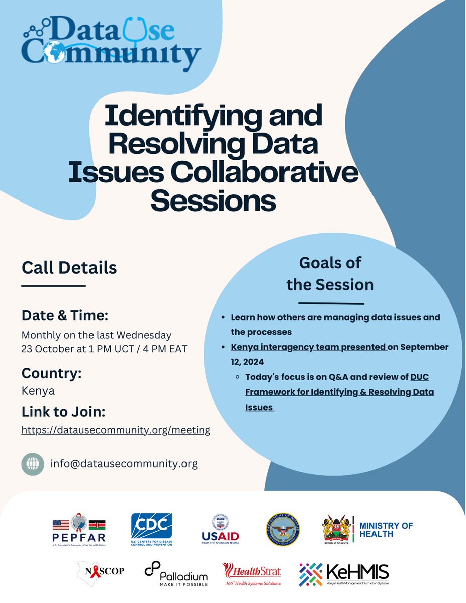 On the 28th October 2024 at 4PM EAT, Health Strat’s MESIS Project Team will present to the Data Use Community (DUC) on their work in Data Quality Assessment (DQA) in Kenya.