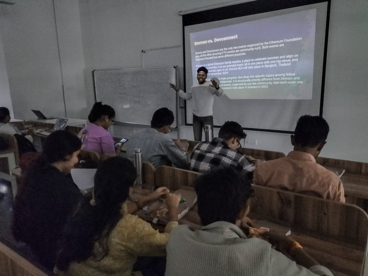 dao_nad's tweet photo. Builder's Path to Devcon Workshop in Ujjain was a blast! Here’s what we covered:

> Basics of Blockchain & Cryptography 🔐
> Ethereum Deep Dive & Development 🧑‍💻
> Devcon Event Awareness 🌍
> Pizza & Drinks 🍕🥤
> Exclusive Merch & Stickers for Quiz Winners 🎉
> A relaxed, fun-filled networking session 😎

Big shoutout to our amazing speakers 
@ArchitMehta03 and @0xDhruvang for their insightful sessions! 

And a huge thank you to the @EFDevcon team for sponsoring the workshop! 

Next stop: Indore! Stay tuned for more updates!