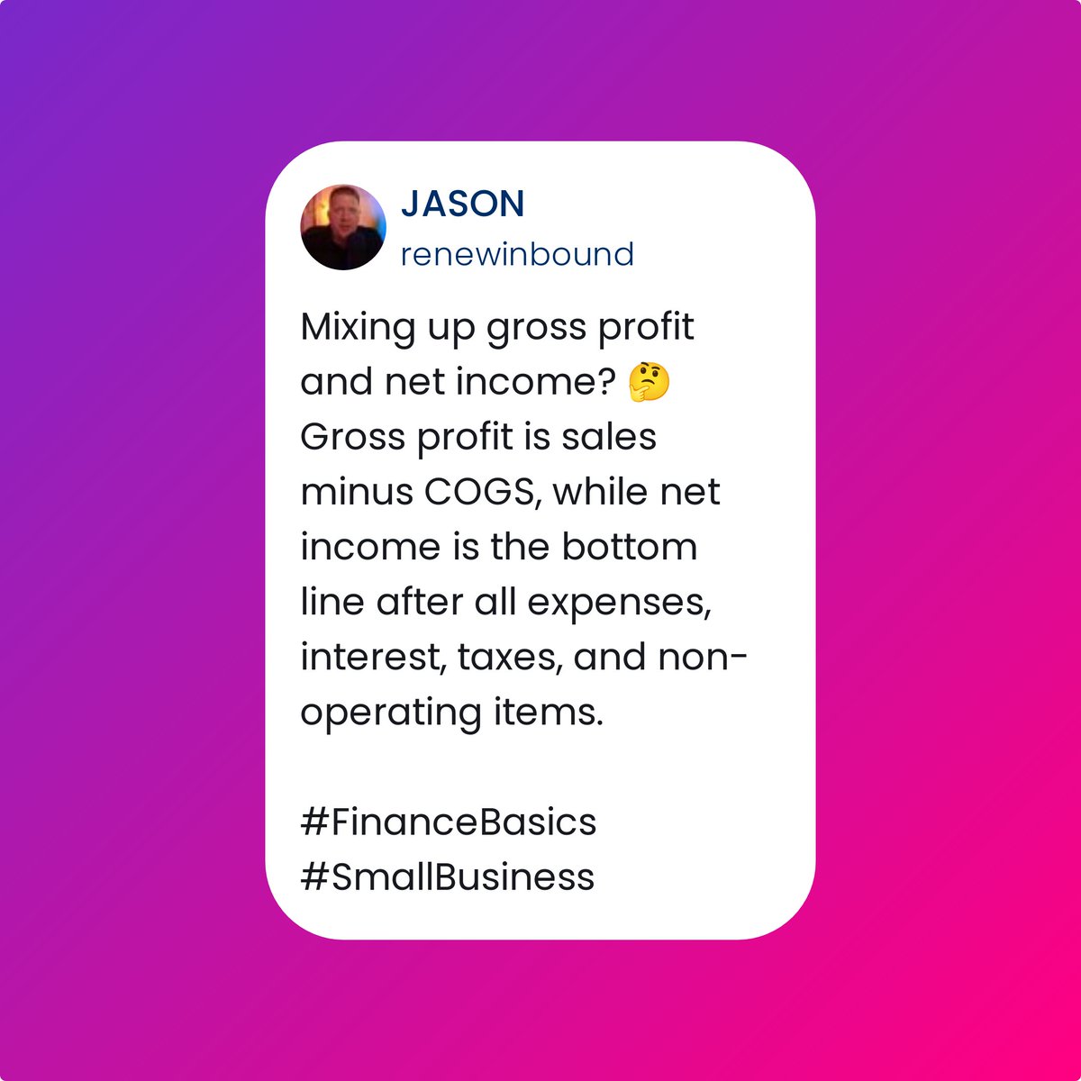 renewinbound's tweet image. Mixing up gross profit and net income? 🤔 Gross profit is sales minus COGS, while net income is the bottom line after all expenses, interest, taxes, and non-operating items.

#FinanceBasics #SmallBusiness
