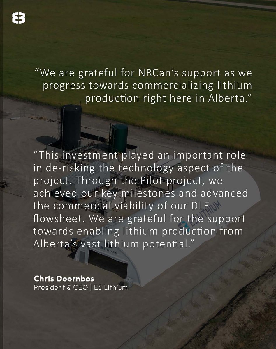 e3lithium's tweet photo. #LithiumNews– E3 Lithium is pleased to announce it has successfully completed all milestones of the Pilot Project funded by @NRCan Critical Minerals Research, Development and Demonstration (CMRDD) program. The total support from the CMRDD program was a $3.5 million contribution, and E3 has now received the final payment of $354,000. This funding supported E3 Lithium’s successful field pilot operations and the advancement of using Direct Lithium Extraction (DLE) technology to extract lithium from Leduc brines in Alberta, Canada.

E3 Lithium successfully demonstrated DLE technology at scale, achieving high lithium recovery from brines with high flow rates. The pilot project provided essential data incorporated into the recently released Pre-Feasibility Study (PFS), confirming the economic viability of the Clearwater Lithium Project in Alberta.

Read the full press release: https://t.co/tSuoJjrr84

#Lithium #CriticalMinerals #Alberta