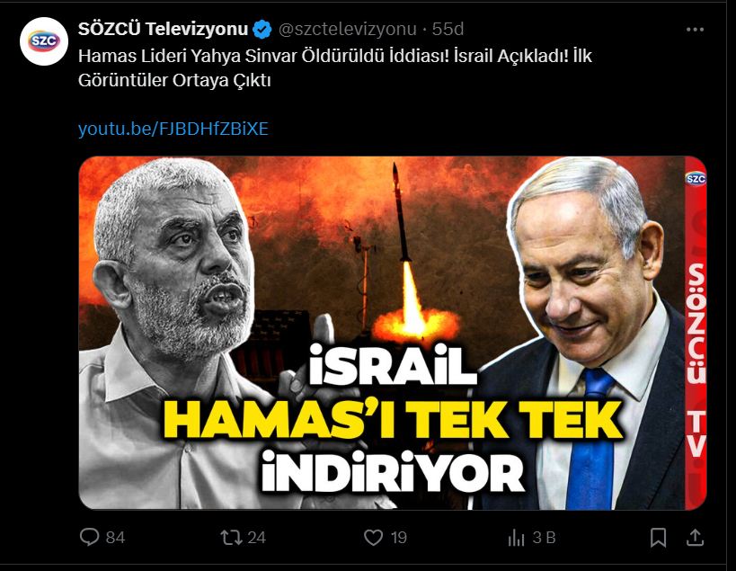 Siyonist şerefsiz <a href="/szctelevizyonu/">SÖZCÜ Televizyonu</a>
Allah hepinizin belasını versin ve sevincinizi kursağınızda bıraksın. Hepinizin yüreğine korlar salsın.

Yahya Sinvar