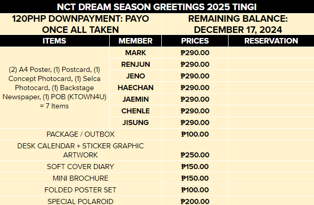 fandomies_ph's tweet photo. WTS / LFB PH 

 [#fandomies_tingi] 
NCT DREAM 2025 SEASON GREETINGS TINGI [KTOWN4U POB] 
📦 NORMAL ETA 
🗓️ DOP: 120 PHP DP 
🗓️ REMAINING: 12/17

❎ ALL ITEMS MUST BE TAKEN TO PUSH THRU 
✅ Reply/DM MINE + MEMBER/ITEM
✅ Steal Basis https://t.co/67mGdqD0vd