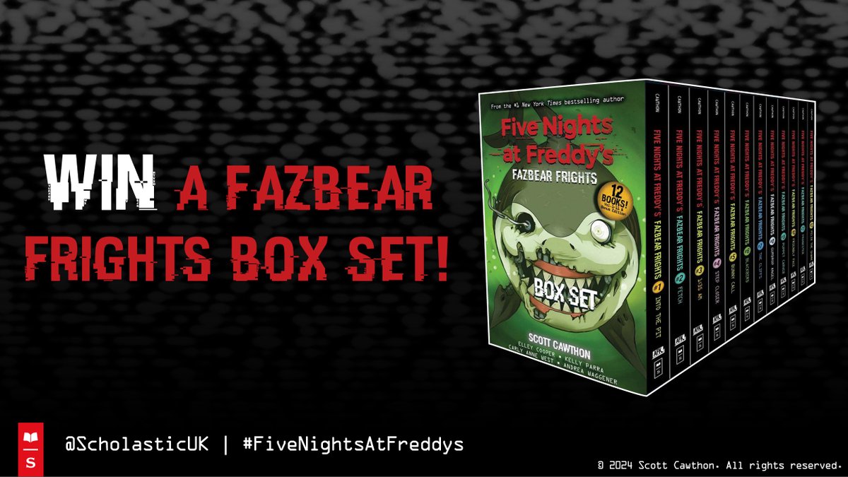 We've got another horrifying #FiveNightsAtFreddys giveaway for you!

You could WIN a Fazbear Frights Box Set containing all eleven Fazbear Frights books, plus a bonus twelfth book. All you have to do is retweet with your scariest emoji👻💀🎃

Competition closes 31/10/24. UK only.