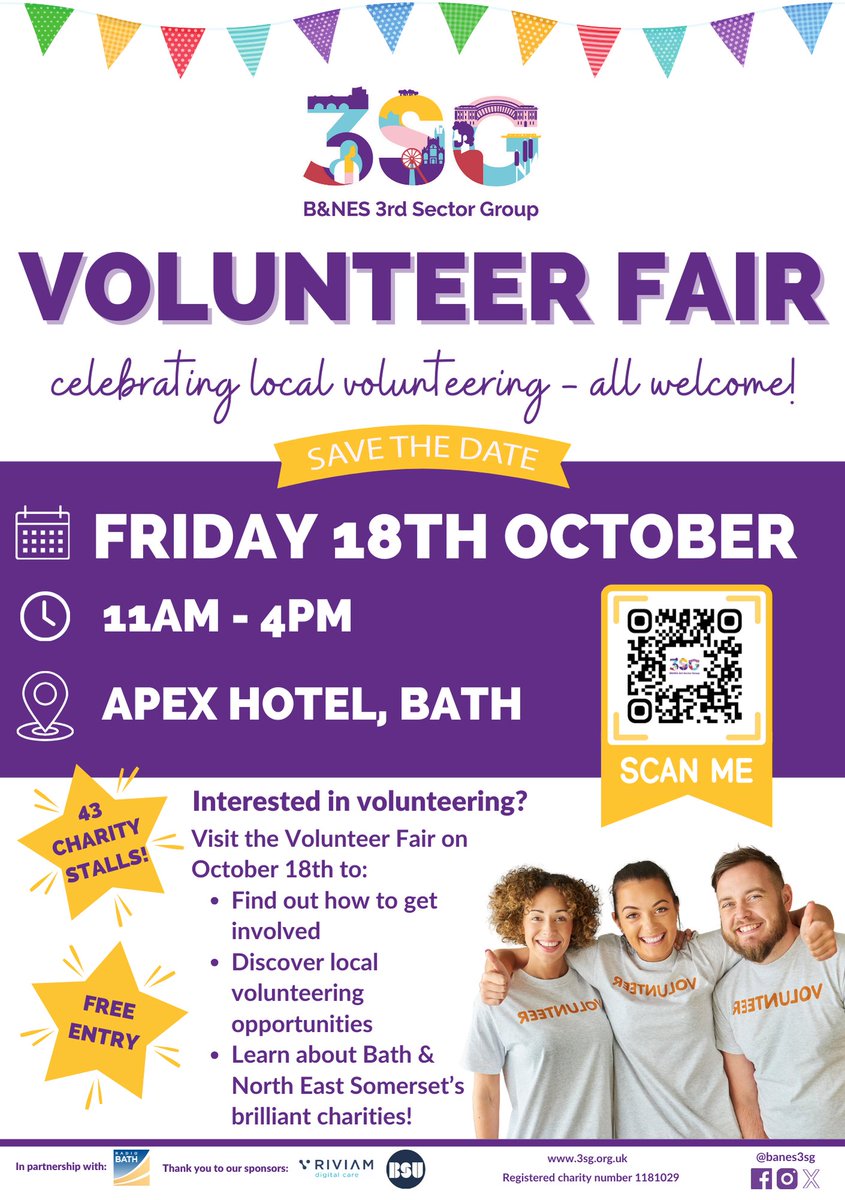 The Volunteer Fair is TOMORROW! 🥳 Come on down to the Apex Hotel, Bath, between 11am - 4pm to find out more about local volunteering. We're looking forward to a fun day with 43 amazing local charities, lots of talks &amp; workshops, &amp; sparking new connections. All welcome! 🙂