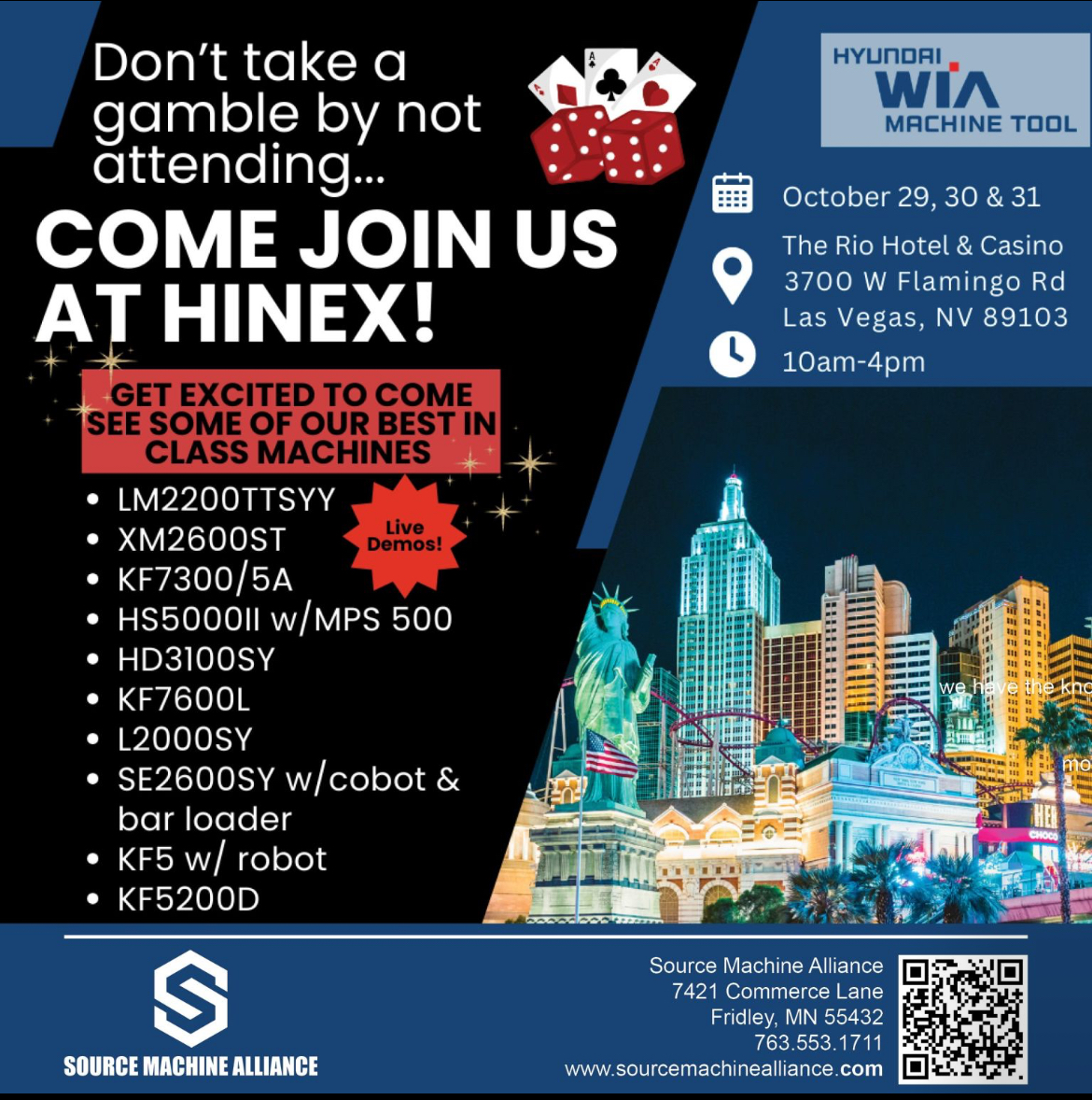 SourceMachineMN's tweet photo. VEGAS !! Join @SourceMachineAlliance in Las Vegas for the HYUNDAI WIA Machine Tool Expo #HINEX. We will be showing off 10 new models in the lineup.
#HundaiWia
#SourceMachineAlliance #HINEX #HINEX2024
#cnc #machining #cncturning #Lathes #cncmachining #cncmill #fyp https://t.co/RCZDAhIiwF