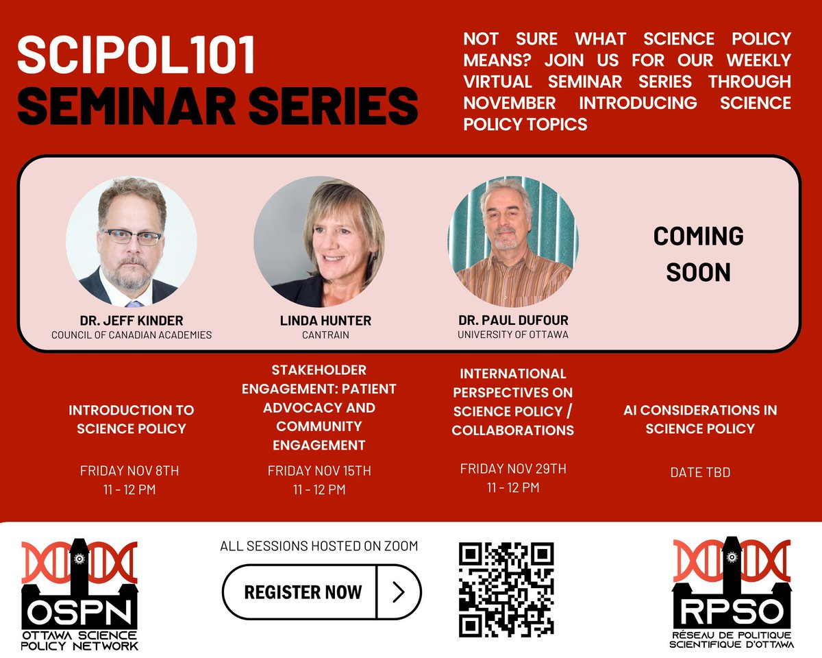 Ottawa Science Policy Network (@ottawascipolnet) on Twitter photo Thrilled to announce that our #SciPol101 event is back! This year the event is fully online, and we welcome any and everyone to join 🥳
Our great speakers will introduce you to #SciPol and dive deeper into some of today’s pressing issues. 
Register now: forms.gle/zDbjdBRaZXDiC8… Thrilled to announce that our #SciPol101 event is back! This year the event is fully online, and we welcome any and everyone to join 🥳
Our great speakers will introduce you to #SciPol and dive deeper into some of today’s pressing issues. 
Register now: forms.gle/zDbjdBRaZXDiC8…