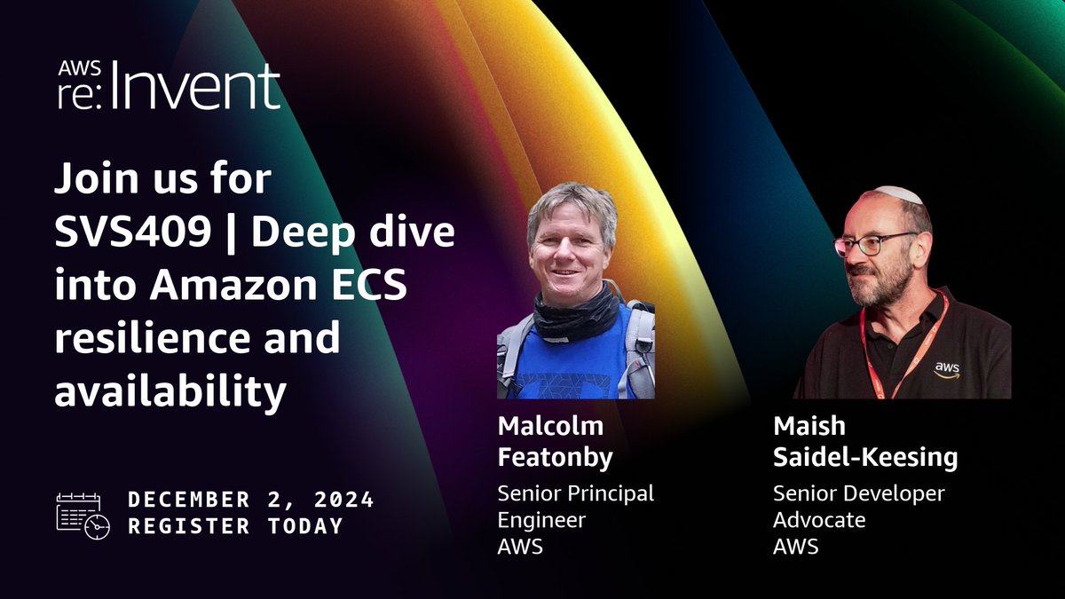 Excited to have an opportunity to be on stage again with <a href="/maishsk/">Maish Saidel-Keesing</a> at ReInvent 2024 to deep dive into #Amazon #ECS and designing for resilience and availability.
