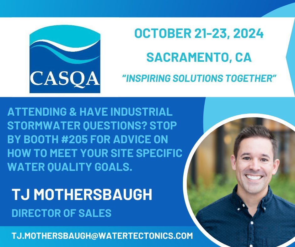 Excited for #CASQA2024 in Sacramento next week! Stop by Booth 205 to meet our stormwater expert, TJ Mothersbaugh, and learn how we can help you tackle water quality challenges. Let’s talk solutions! #Stormwater #CleanWater #WaterQualityExperts
