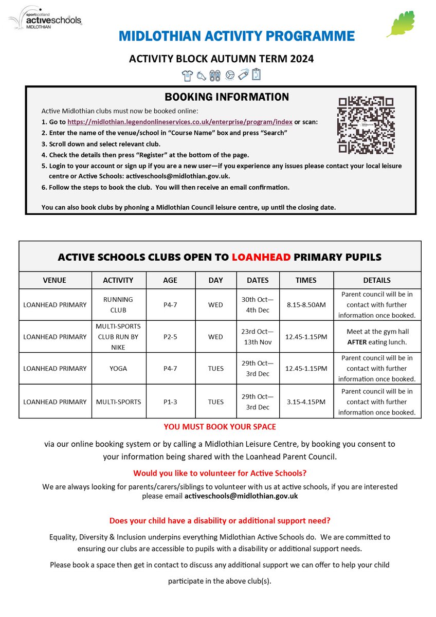 Active Schools Lasswade Area (@active_lasswade) on Twitter photo Loanhead PS - Don't miss your chance to book onto the active schools programme starting after the October Holidays.
Online Bookings will close Monday 21st!!
<a href="/LoanheadPS/">Loanhead PS</a> Loanhead PS - Don't miss your chance to book onto the active schools programme starting after the October Holidays.
Online Bookings will close Monday 21st!!
<a href="/LoanheadPS/">Loanhead PS</a>