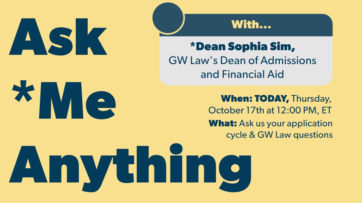 GW Law's Dean of Admissions and Financial Aid, Sophia Sim, will be doing an Ask Me Anything on the Instagram story today! Head over to ask your questions: instagram.com/gwlawadmission…