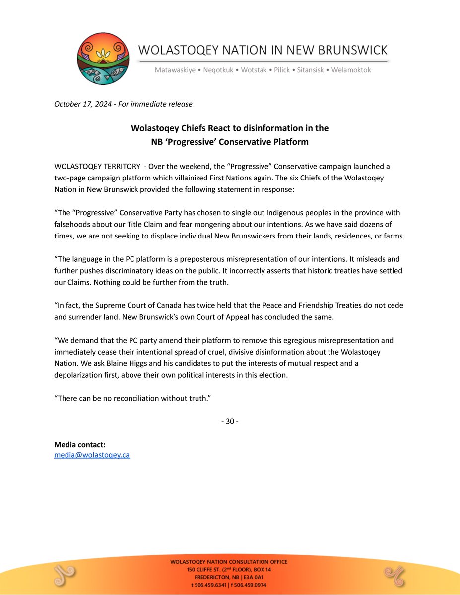 The six Chiefs of the Wolastoqey Nation in New Brunswick provided the following statement in response to the Progressive Conservative's campaign platform launched over the weekend.