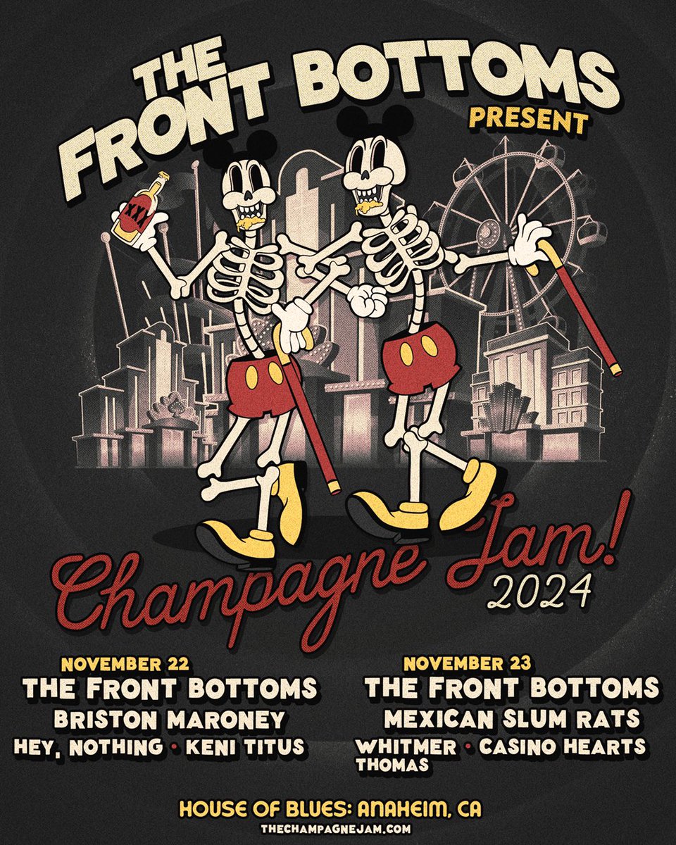 The Front Bottoms (@thefrontbottoms) on Twitter photo We’re gonna have us a Champagne Jam - twice.
West-coast Jam on November 22 and 23 at <a href="/HOBAnaheim/">House of Blues Anaheim</a>
East-coast Jam December 14 at <a href="/HardRockHCAC/">Hard Rock Atlantic City</a>
Stacked line ups all three nights.
thechampagnejam.com We’re gonna have us a Champagne Jam - twice.
West-coast Jam on November 22 and 23 at <a href="/HOBAnaheim/">House of Blues Anaheim</a>
East-coast Jam December 14 at <a href="/HardRockHCAC/">Hard Rock Atlantic City</a>
Stacked line ups all three nights.
thechampagnejam.com
