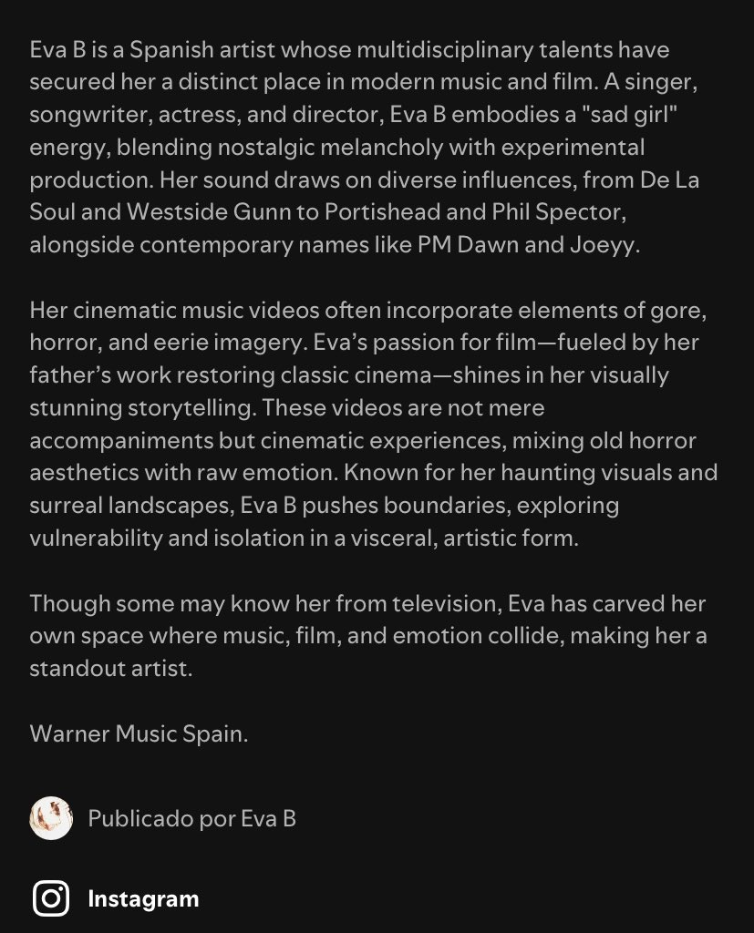 EvaBWeb's tweet photo. ‼️Nueva biografía en el perfil de Spotify de Eva, junto a una nueva foto. https://t.co/8hybGM8asG