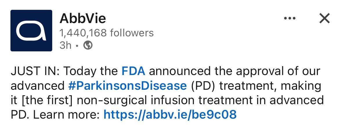 Ashrafi02's tweet photo. Good news!
The FDA just approved VYALEV™ , the first non-surgical treatment, for adults living with advanced Parkinson's Disease! https://t.co/46AgUE0pGW