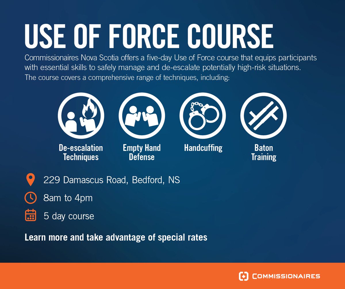 CmresNovaScotia's tweet image. 🚨Next Week- CNS #UseofForce Course October 21-25.

Develop your skills to enhance your #career in #security or law enforcement today.

🗓️ 5 Day #Course
⏰ 8:00am to 4:00pm
📍Commissionaires #NovaScotia Head Office- 229 Damascus Road, Bedford, NS
👤commissionaires.ca/en/courses/use…
