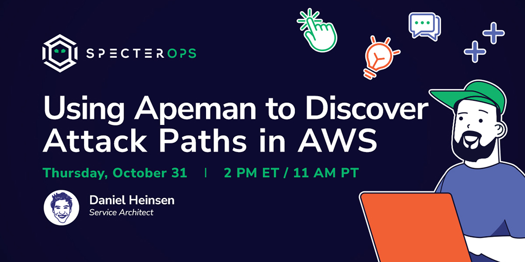 SpecterOps (@specterops) on Twitter photo Don't miss our next webinar w/ <a href="/hotnops/">Daniel Heinsen</a>, which will showcase how Apeman can quickly identify Attack Paths by solving AWS CTF challenges. Each challenge will highlight a common misconfiguration & how Apeman can help identify them.
Register today ▶️ ghst.ly/4dCog48 Don't miss our next webinar w/ <a href="/hotnops/">Daniel Heinsen</a>, which will showcase how Apeman can quickly identify Attack Paths by solving AWS CTF challenges. Each challenge will highlight a common misconfiguration & how Apeman can help identify them.
Register today ▶️ ghst.ly/4dCog48