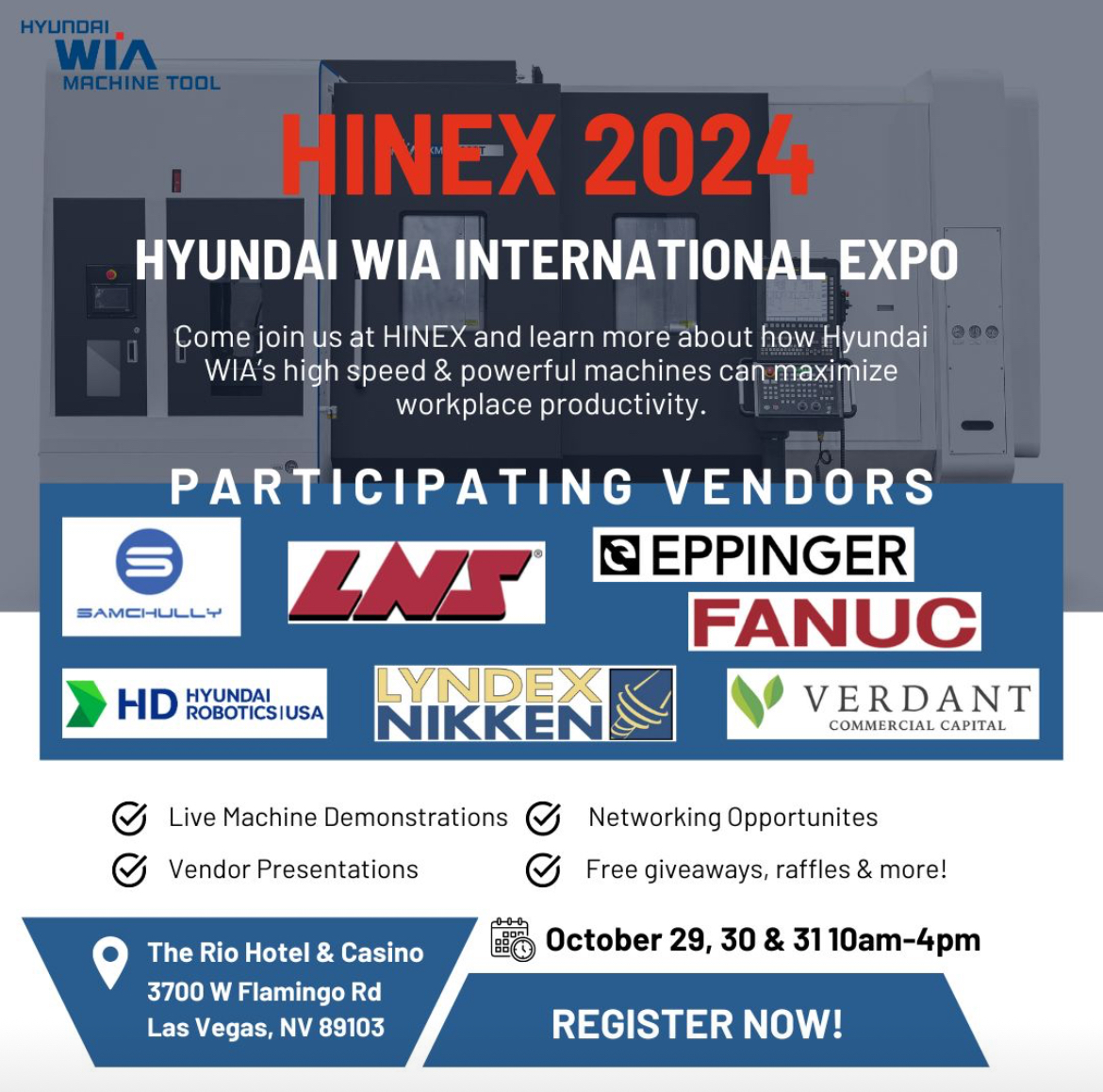 SourceMachineMN's tweet photo. VEGAS !! Join @SourceMachineAlliance in Las Vegas for the HYUNDAI WIA Machine Tool Expo #HINEX. We will be showing off 10 new models in the lineup.
#HundaiWia
#SourceMachineAlliance #HINEX #HINEX2024
#cnc #machining #cncturning #Lathes #cncmachining #cncmill #fyp https://t.co/RCZDAhIiwF