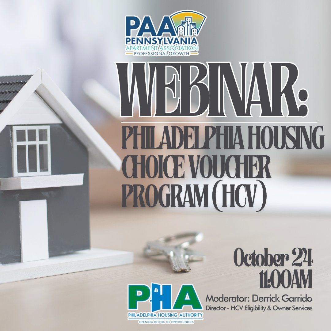 Join #PHA and #PAA for a #PAAWebinar on the Housing Choice Voucher program (HCV) on October 24th at 11AM! 

Learn how to benefit your #realestate portfolio with guaranteed rental income and efficient leasing. 

REGISTER NOW: paahq.com/events/philade…