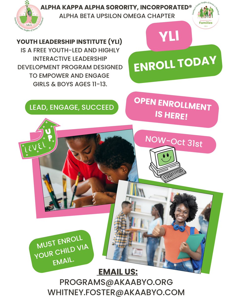 Open enrollment for YLI throughout the month of October. Email to register!
You must register your child ONLY to participate in our third Youth Leadership Institute (YLI) cohort! The deadline is October 31, 2024!