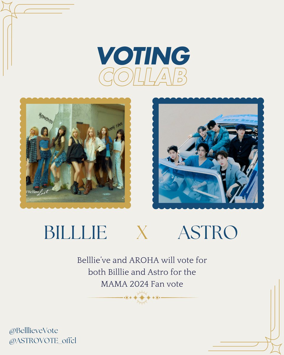 BelllieveVote's tweet photo. [❕] COLLAB

We are very happy to announce our collab with @ASTROVOTE_offcl ! 

Belllie’ve and AROHAS will vote for both Billlie and Astro for the 2024 MAMA Fan Vote !!

Post proofs under #BILLLIEXASTRO https://t.co/lP8U4cScPU