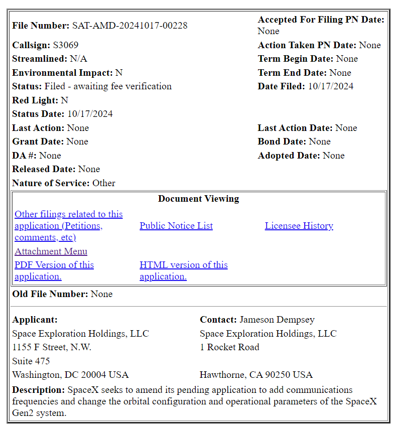 The <a href="/SpaceX/">SpaceX</a> amendment to its partially pending Gen 2 system application was filed today. App here: tinyurl.com/24xyracu.
