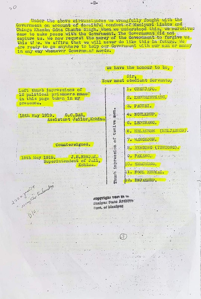 Paari_Athouba's tweet photo. This individual is writing an extensive note, seemingly to lend authenticity to their claims. However, I will simply attach two sheets of documents written by their own forefathers, in which they sought mercy and tendered an apology.

In these documents, their forefathers not only apologized but also recounted the entire course of events, revealing that they were merely supporting the revolt led by Chingakham Sanajaoba. This is why I refer to it as the “Chingakham Sanajaoba Revolt of 1917-1919” rather than a Kuki rebellion or Kuki war. Please read the apology letter written by their forefathers, where everything is explained in detail.
Please read the last para in the second sheet, it’s very interesting.