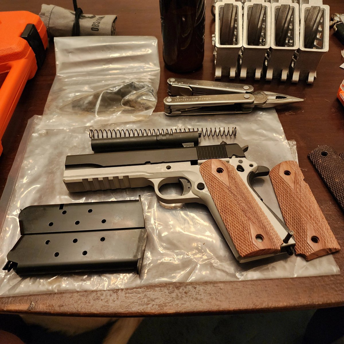 I took a break from my AR lowers to get back to some unfinished business.  I completed this <a href="/hellfirearmory/">Hell Fire Armory</a> frame on this 1911 more than 2 years ago on my Ghost Gunner 3 and I'm just now getting around to building it out.  Build kit including new slide, spare mag, and new wooden
