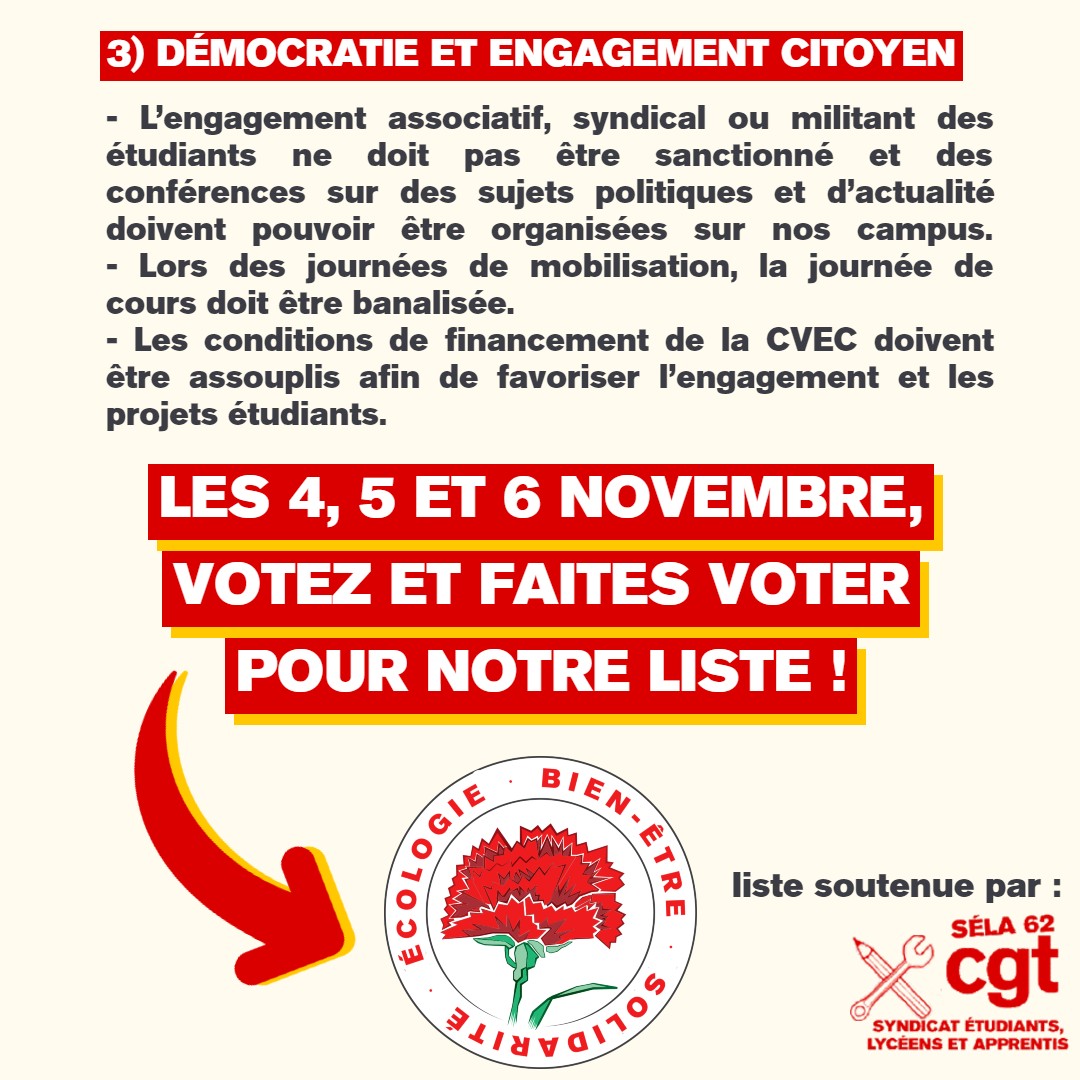 cgtsela62's tweet photo. 🗓️ Les 4, 5 et 6 novembre : vous pourrez donner de la force à un syndicat de lutte présent constamment sur le terrain ! Votez pour notre liste "Bien-être, solidarité, écologie !" pour le conseil d'administration de L'ULCO. https://t.co/2n5K2OUHL1