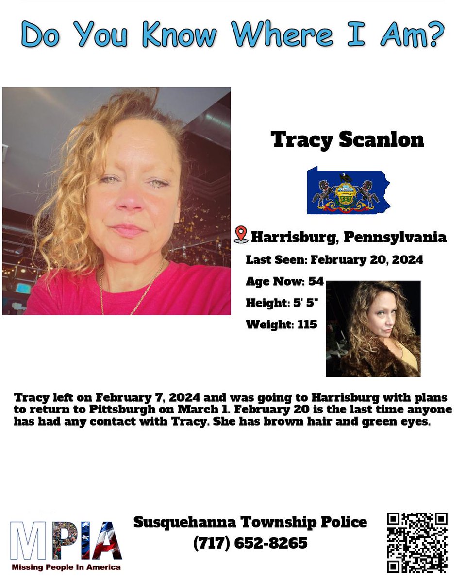 MissingPeopleIA's tweet photo. Tracy left on February 7, 2024 and was going to Harrisburg with plans to return to Pittsburgh on March 1st. February 20th, is the last time anyone has had any contact with Tracy. She has brown hair and green eyes. https://t.co/b5UQAhQNKo https://t.co/8o7l1WjHOb