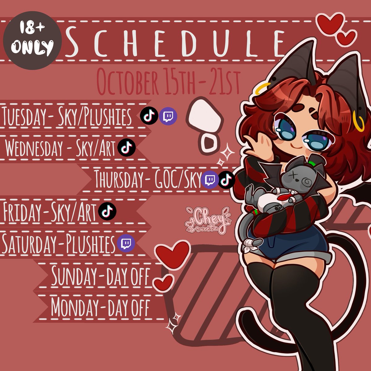 KittyMamaVT's tweet photo. ❤️🐈‍⬛🦇This week's streaming schedule🦇🐈‍⬛❤️

Watch me live at https://t.co/CehgOquxdV🖤❤️

Disclaimer:  I'm a mother IRL so no time stamps, just look Forward to watching me on these days!   Artwork featured by the incredible 
@SweetieCheyUwU https://t.co/08SyoHGPYl