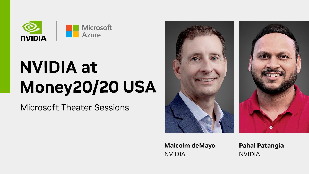 NVIDIAAI's tweet photo. Explore AI applications in financial services and learn about enterprise-wide deployment strategies with @Azure and NVIDIA at #Money2020USA.

Register and join us for theater sessions and a networking reception to connect with industry peers.

➡️ https://t.co/YfeGtUlf2P
📅 Oct 29 https://t.co/M6m3iMimBU