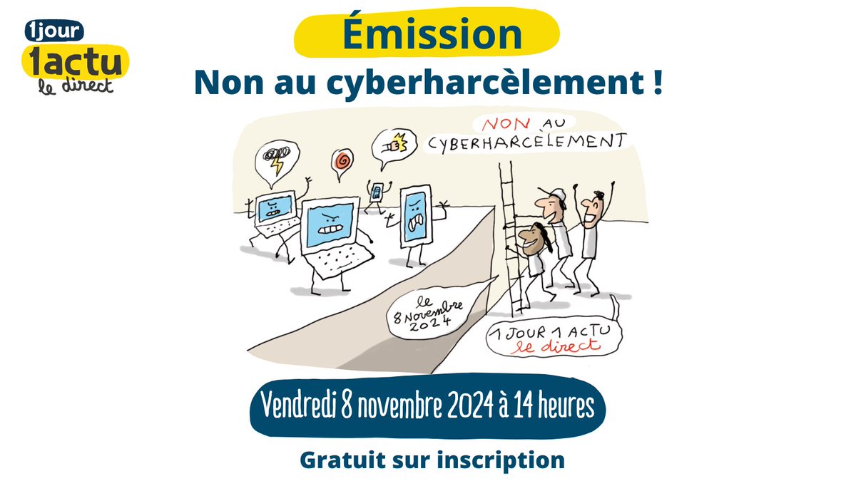#Enseignants : Les classes de CM1, CM2 et 6e ont rendez-vous le 8 nov. 2024 à 14h pour une émission spéciale sur le #harcèlement et les #violencesnumériques !
Justine Atlan, Directrice de <a href="/eenfance/">e-Enfance/3018</a>, répondra aux questions des enfants.
Durée : 30-45 min
1jour1actu.pulse.ly/rls2nlxhld