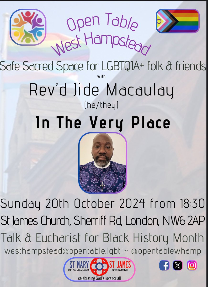 As part of our keeping of <a href="/bhmuk/">Black History Month 2026</a> here <a href="/parishnw6/">@parishnw6</a> really delighted that <a href="/RevJide/">God Adores You</a> is coming to the ecumenical <a href="/opentablelgbt/">Open Table Network</a> <a href="/opentablewhamp/">Open Table West Hampstead 🏳️‍🌈🏳️‍⚧️</a> that we host this weekend. 

Jide will explore the intersections of Christian faith, sexuality &amp; race. All of whatever sexual orientation or