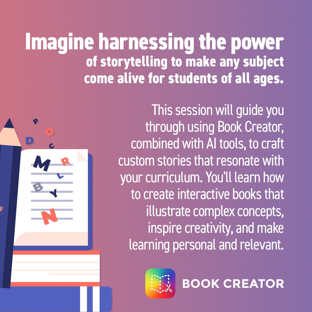 OTIS4educators's tweet photo. Join us and @alicekeeler today at 3PM EDT, as we explore the power of combining @BookCreatorApp and AI tools to create captivating, cross-curricular lessons for students using storytelling! Sign up: https://t.co/HWmXXkK4mL #edchat #educatorPD https://t.co/ttQJtyMibx