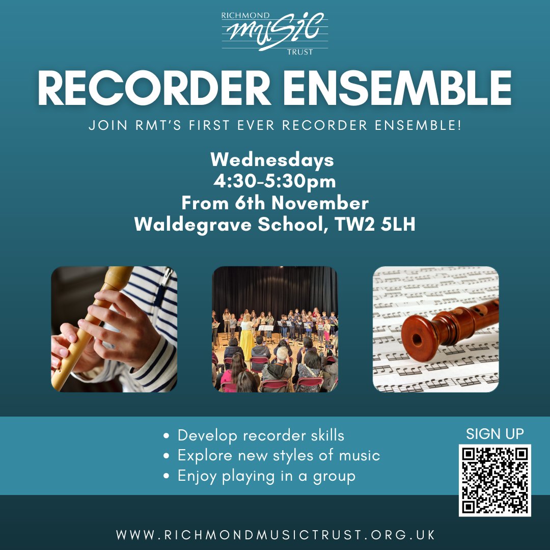 RMT_richmond's tweet photo. Join RMT's first ever Recorder Ensemble!
FREE for the first 4 sessions: starting Wednesday 6th November.
Open to players in Year 4 and above, and those with a playing range of one octave (D-D)
Register now!
#RMT30 #RichmondMusicTrust #Twickenham #RecorderEnsemble https://t.co/aZF7NipOWZ
