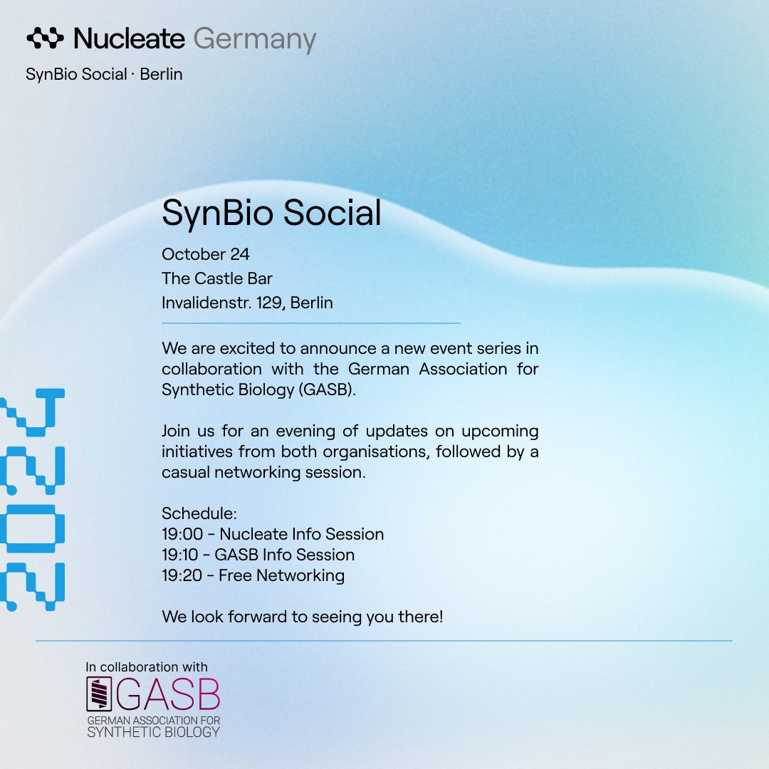 gasb_synbio's tweet photo. We are very excited to collaborate with @NucleateGermany on this exciting #SynBio event series🧬! If you are around Berlin on the 24th of October📅, then this event is the place to be!
You can register by following the link below👇!
https://t.co/hCnGk9XkaQ https://t.co/4Cfux1JAsk