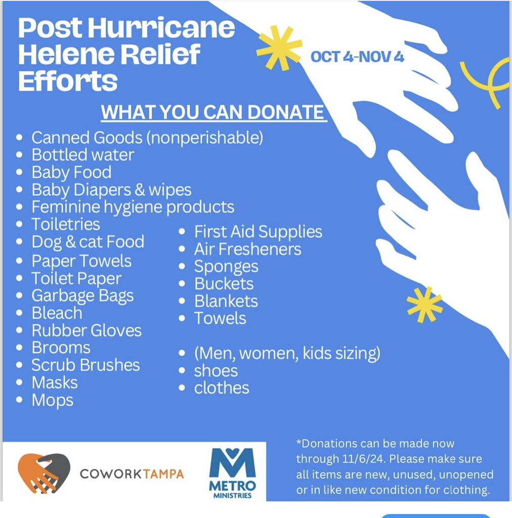 We’ve partnered with <a href="/MetroMinistries/">Metropolitan Ministries</a> to collect donations items for Hurricane Helene &amp; Milton relief. Now- Nov 4th you can stop by with donations! 

Monday-Friday 8a-6p or contact us for after hours drop off 🙌

3104 N Armenia Ave. Ste 2. Tampa, FL 33607