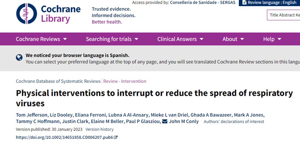 Revisión <a href="/cochranecollab/">Cochrane</a>  sobre el tema mascarillas:
El uso de mascarillas médicas o quirúrgicas en la comunidad probablemente tiene poco o ningún impacto en la prevención de enfermedades similares a la influenza (ILI) o similares a COVID-19
FIN.
doi.org/10.1002/146518…