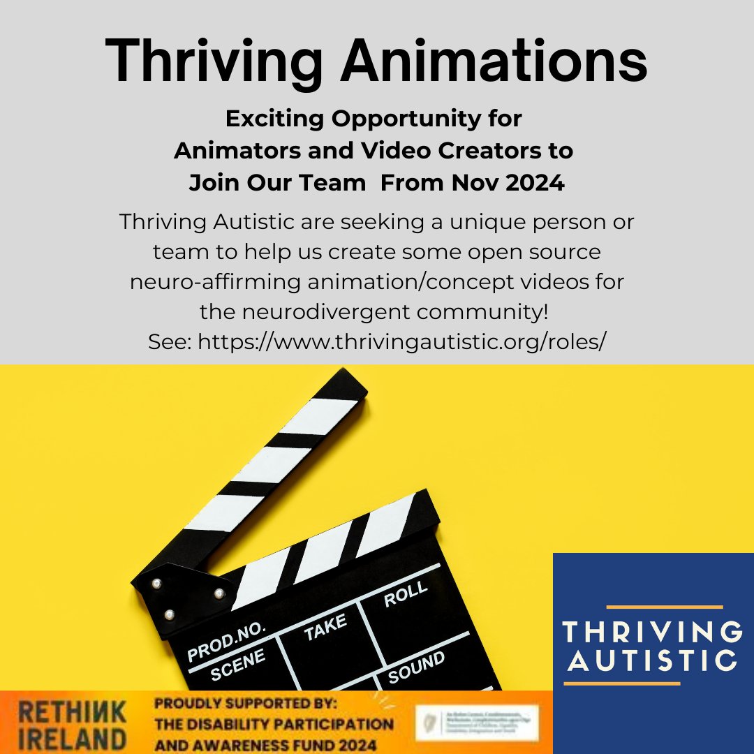 🌟Exciting opportunity to join our team at Thriving Autistic! 🌟

🎬Paid Role: Animator / Video Creator (Neurodivergent Affirming Content)

Please apply before Friday 25th Oct 2024

➡️Apply here: thrivingautistic.org/roles/