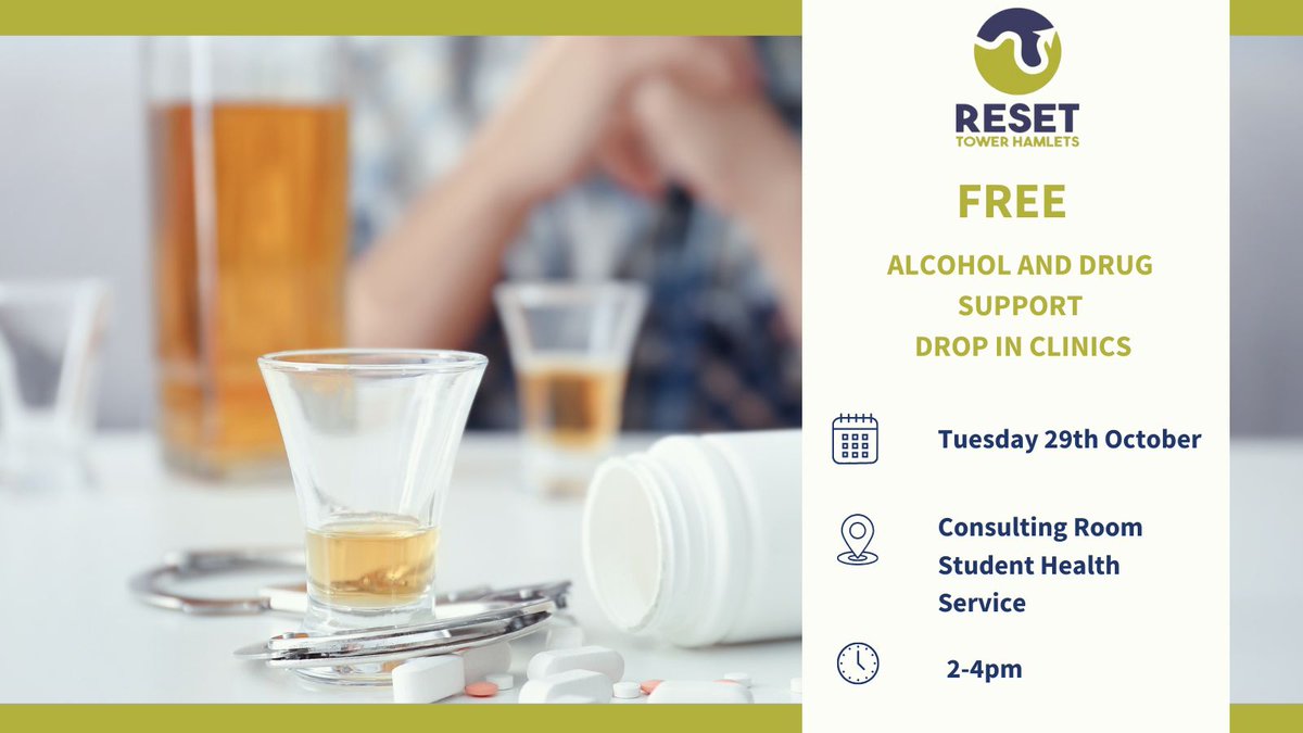 RESET Free drop in Clinic: Tuesday 29th October from 2pm at the Student Health Service. They will provide support and information to students who are using any substance. For more info: qmul.ac.uk/student-health… #qmstudenthealth #RESET