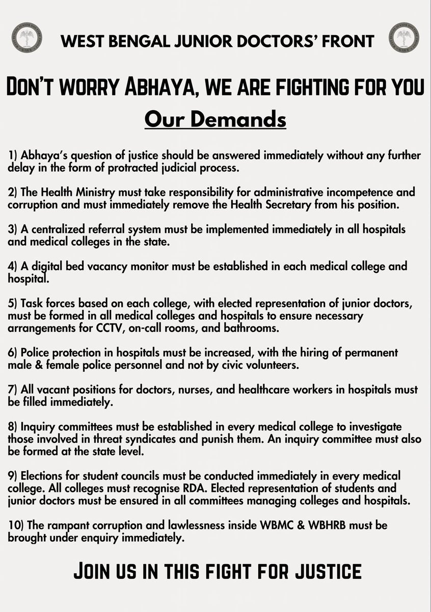 nazimmiddya's tweet photo. 67 days of protests, 280+ hours of doctor's hunger strike, yet their 10 point rightful demands have not been met!  #DoctorsOnHungerStrike #JusticeForRGKar

Administration have repeatedly failed to meet our basic demands and lied in the court of law, in reality even after 2 months https://t.co/diAlqW5YX0