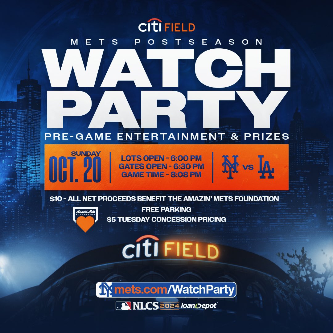 CitiField's tweet photo. Postseason Watch Parties are BACK at Citi Field! Join us this Sunday for pre-game entertainment, prizes, and select $5 concessions! Gates open at 6:30 PM. Let’s cheer on the @mets from home! Visit https://t.co/7VZ70Tb5wu for more information https://t.co/N12zjcCsBC