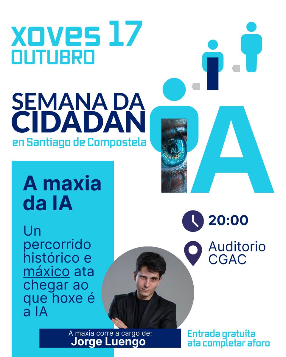 citiususc's tweet photo. Gústache a #Maxia?
Interésache a #IntelixenciaArtificial?
Cres na... Max-IA? ✨
⬇️ Daquela, esta é a túa tarde! ⬇️
O campión mundial @jorgeluengo, @SenenBarro e Alba Meijide espérante hoxe ás 20h no @CGACSantiago para participar nun novo encontro da #SemanaDaCidadanIA 🤖
Bule! https://t.co/1gateP2ViQ
