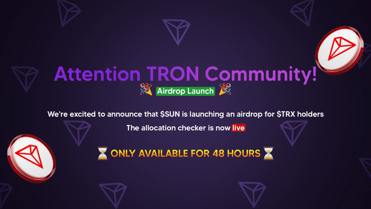 sunpumpmemetrx's tweet photo. @cryptojezuz @justinsuntron 🌞 TO THE SUN 🌞

We’re excited to announce a special $SUN airdrop exclusively for $TRX holders! 🎉

The allocation checker is now live! 🔥

👉 https://t.co/MiGpjWEpoa

Allocation is only available for 48 hours! ⏳ https://t.co/pNxVAUL5h2