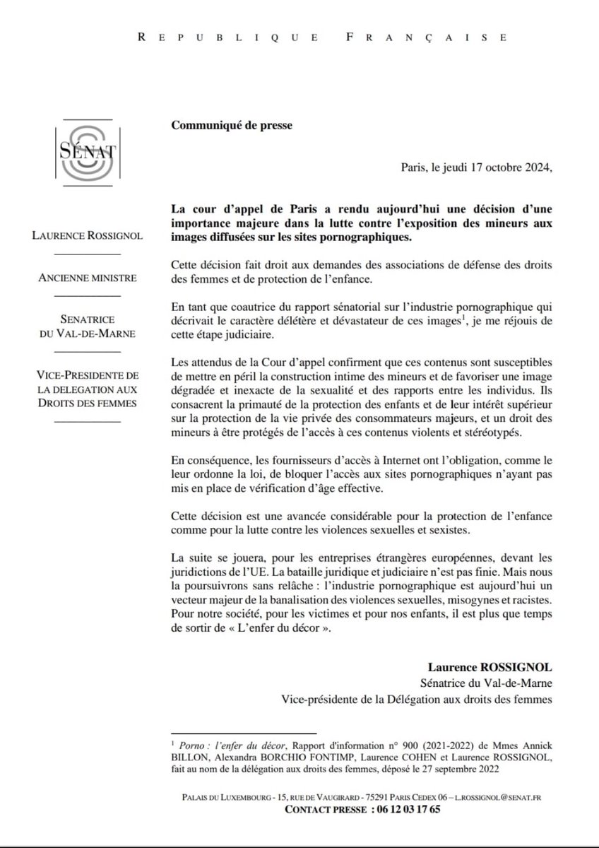 Décision majeure et attendue de la Cour d’Appel de Paris: les fournisseurs d’accès internet ont obligation de bloquer l’accès des mineurs aux sites #porno . L’intérêt de l’enfant prime sur la vie privée des consommateurs majeurs. Victoire des assos + DDF du Sénat  Mon CP ⤵️