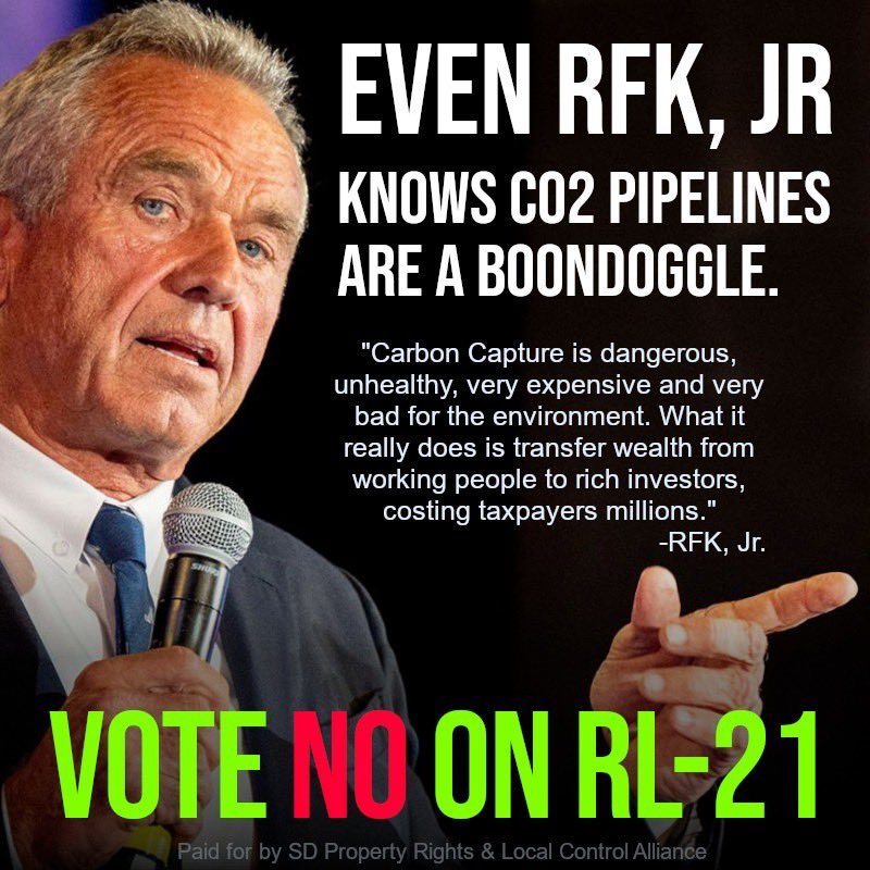 RadkeAmanda's tweet photo. RL21 ushers in Biden &amp; Kamala’s Green New Deal into the state of South Dakota. What SD politicians are claiming is “value added ag” is really carbon communism to control every aspect of your life! Reject the lies &amp; stop the government grift. VOTE NO ON RL21 &amp; share if you agree! https://t.co/EjMWeCoRwv