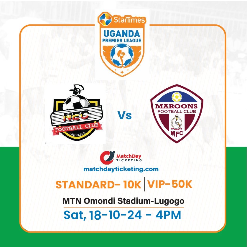 MatchdayTicket6's tweet photo. In Kampala, @Nec_Fc takes on @OfficialMaroons in the @UPL 
Tickets via https://t.co/7kxzk5XGRK

While 

In Zombo, @PBASC_Official takes on @BuhimbaF in the @FUFABigLeague 
Tickets via https://t.co/vBHLBp134l

#MatchdayTicket #LeeroSports https://t.co/muUKIGFgNL
